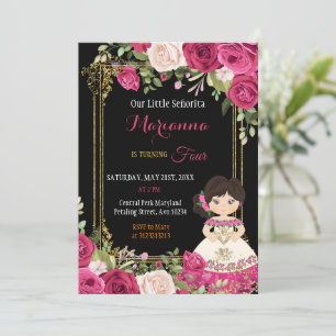 Pink and Red Mexican Floral Girl Fiesta Birthday Invitation