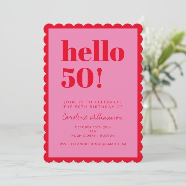 Pink and Red Modern 50th Scalloped Birthday Party Invitation (Standing Front)