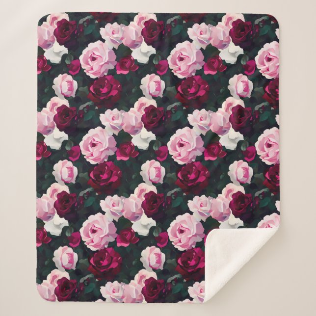 Pink and Red Painted Roses Sherpa Blanket (Front)