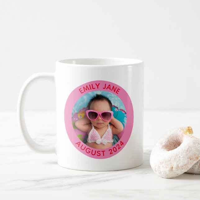 Pink and Red Personalised Round Family Photo Coffee Mug (With Donut)