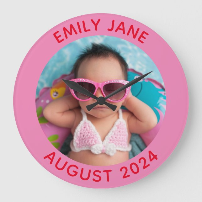 Pink and Red Personalised Round Family Photo Large Clock (Front)