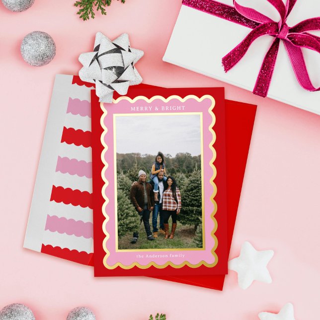 Pink and Red Preppy Scallop Photo Frame Foil Holiday Card (Preppy and pretty, this pink and red holiday card frames your photo with real metallic gold foil)