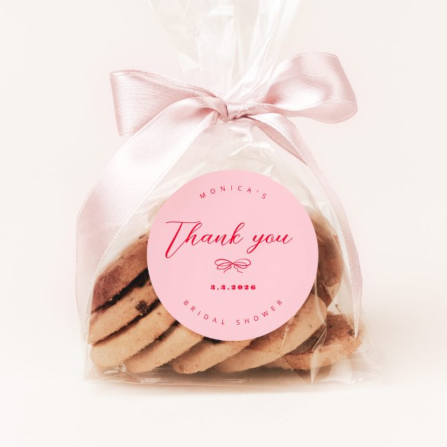 Pink and red retro bow thank you classic round sticker (Creator Uploaded)