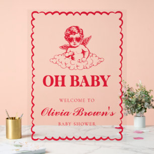Pink and Red Retro Cherub Baby Shower Acrylic Sign