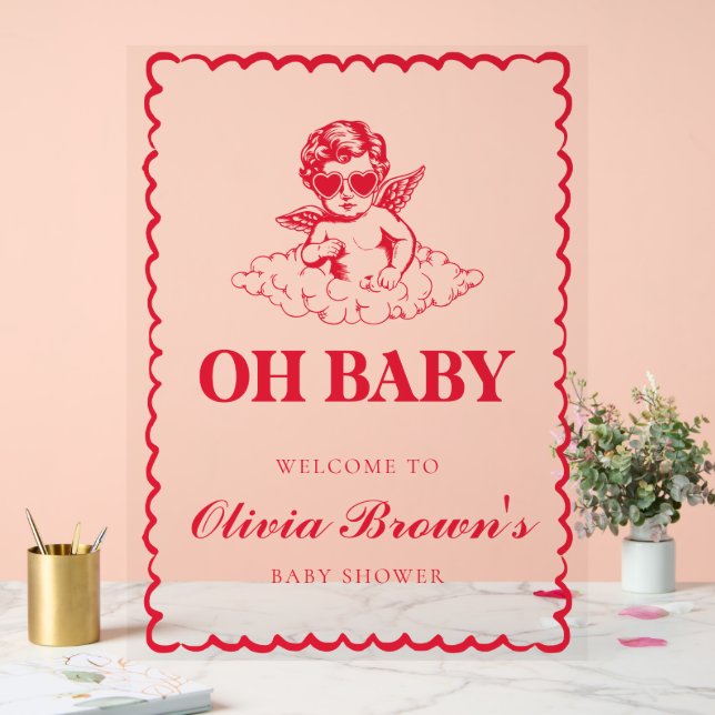 Pink and Red Retro Cherub Baby Shower Acrylic Sign (Wedding)