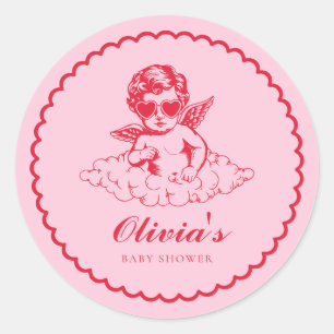 Pink and Red Retro Cherub Baby Shower Classic Round Sticker