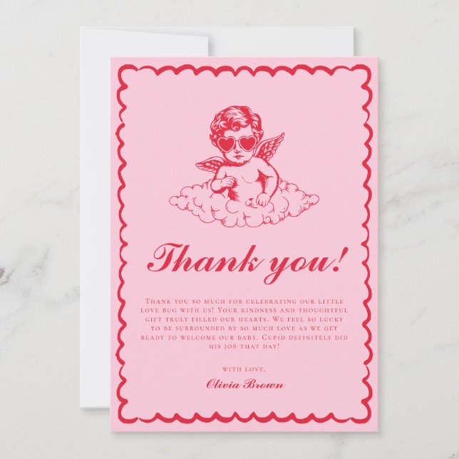Pink and Red Retro Cherub Baby Shower Thank You Card (Front)