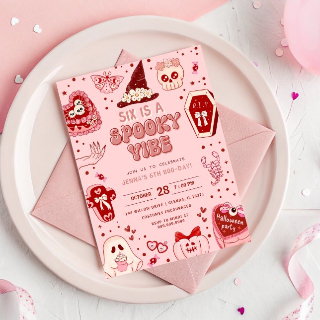 Pink and Red Retro Halloween 6th Birthday Invitation (Pink and Red Retro Halloween 6th Birthday Invitation - Six is a Vibe)