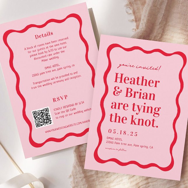 Pink and Red Retro Tying The Knot QR Wedding  Invitation (Creator Uploaded)