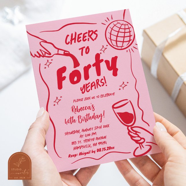 Pink and Red Retro Vintage Cheers Birthday Invitation (Creator Uploaded)