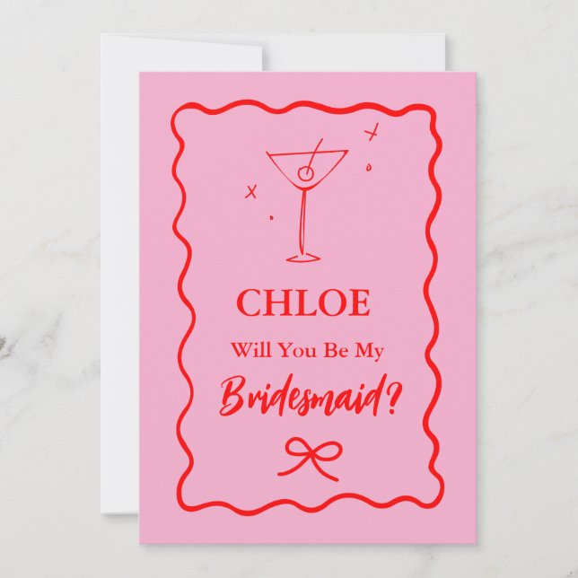 Pink And Red Retro Wavy Bridesmaid Proposal  Invitation (Front)
