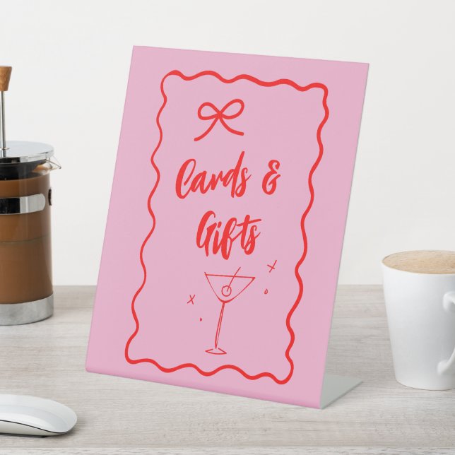 Pink And Red Retro Wavy "Cards & Gifts"  Pedestal Sign (In SItu)
