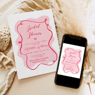 Pink and red retro wavy frame bridal shower invitation