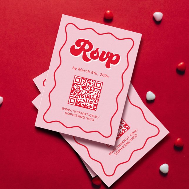 Pink and Red Retro Wedding RSVP QR Code Enclosure Card (Creator Uploaded)