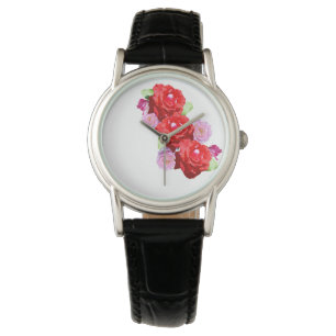 Pink And Red Rose Bouquet, Ladies Leather Watch