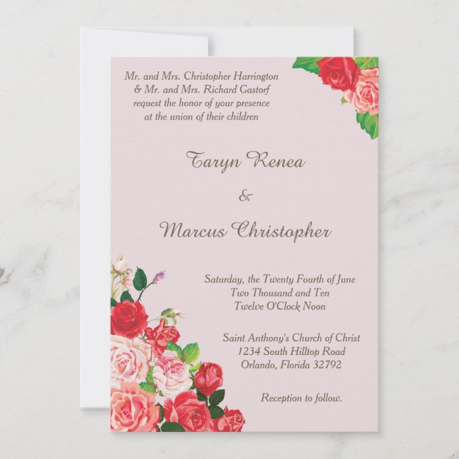 Pink and Red Roses Floral 5x7 Wedding Invitation (Front)