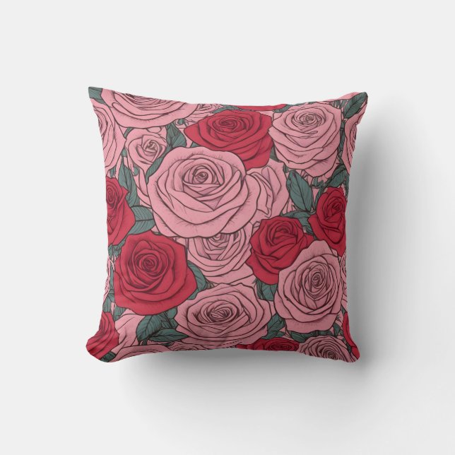 Pink and red roses floral pattern cushion (Front)