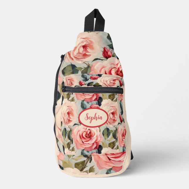 Pink And Red Roses Floral Pattern Sling Bag (Front)