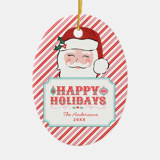 Pink and Red Santa | Happy Holidays Ceramic Ornament (Front)