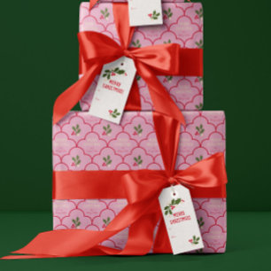 Pink and Red Scallop Tile Christmas Sprigs Wrapping Paper