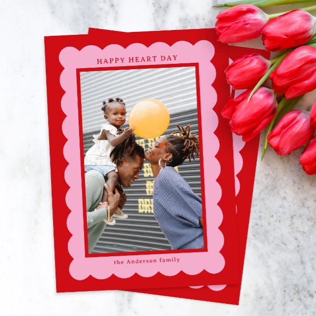 Pink and Red Simple Scallop Photo Frame Holiday Card (Creator Uploaded)