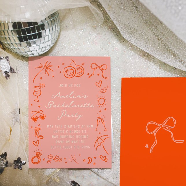 Pink and Red Sketch Bachelorette Weekend Party Invitation (Pink and red hand drawn sketch girly icon illustrations bachelorette party invitations.)