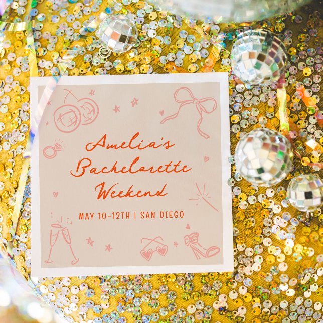 Pink and Red Sketch Bachelorette Weekend Party Napkin (Pink and red hand drawn sketch girly icon illustrations bachelorette party napkins.)