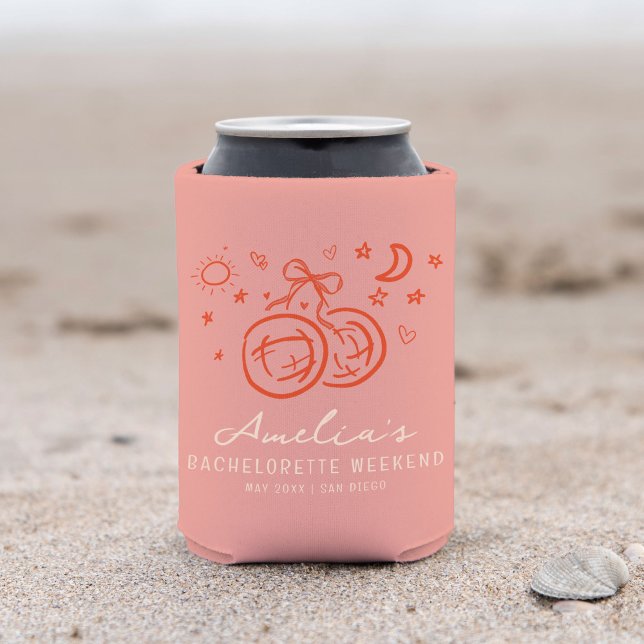 Pink and Red Sketch Disco Bachelorette Weekend Can Cooler (Pink and red disco bachelorette party personalized can cooler.)