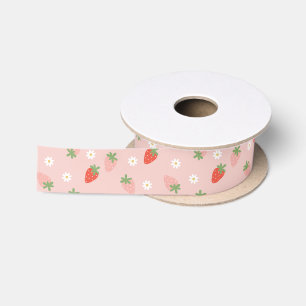 Pink and Red Strawberries White Flowers Satin Ribbon