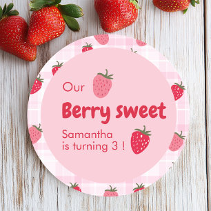 Pink and Red Strawberry Birthday  Classic Round Sticker