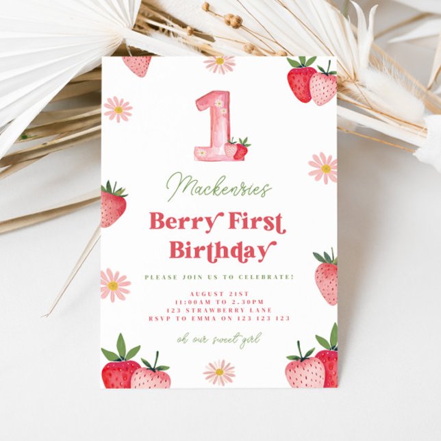 Pink and Red Strawberry Daisy Berry First Birthday Invitation (Creator Uploaded)