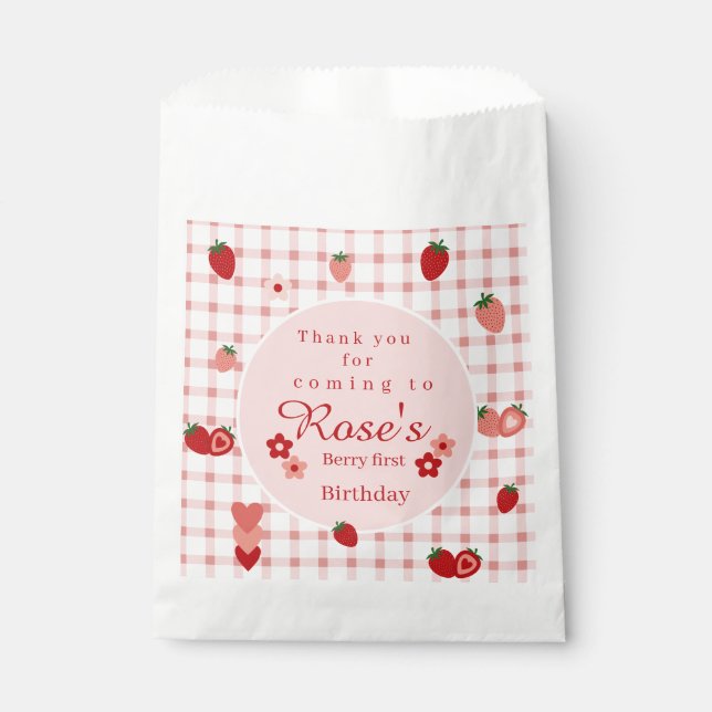 Pink and Red Strawberry First Birthday favour bag (Front)