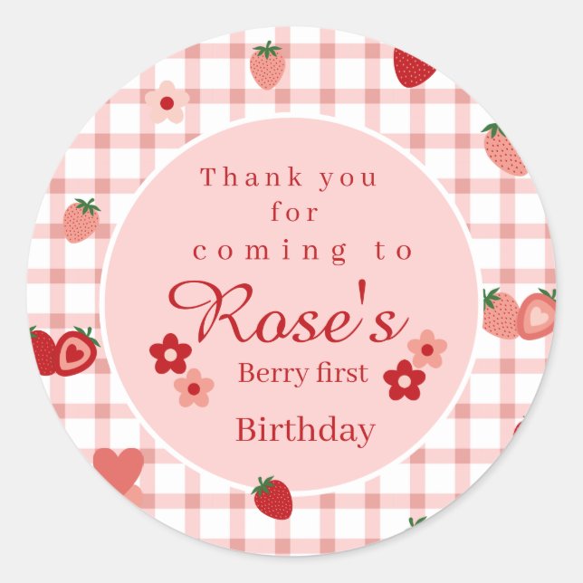 Pink and Red Strawberry First Birthday thank you  Classic Round Sticker (Front)