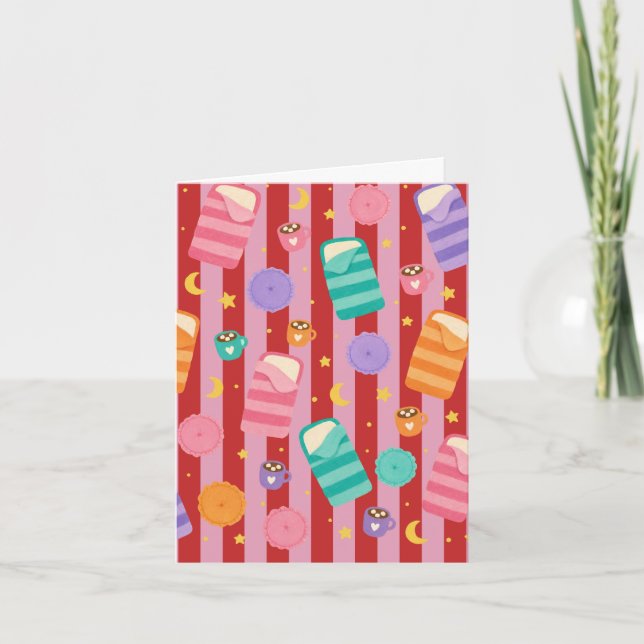 Pink and red striped card with sleepover pattern (Front)