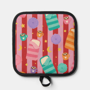 Pink and red striped card with sleepover pattern pot holder
