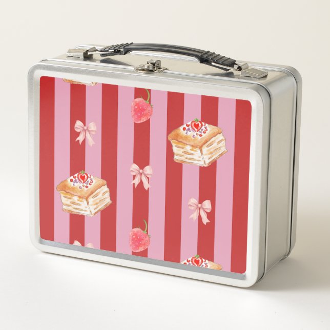 Pink and red striped design with cake pattern metal lunch box (Front)