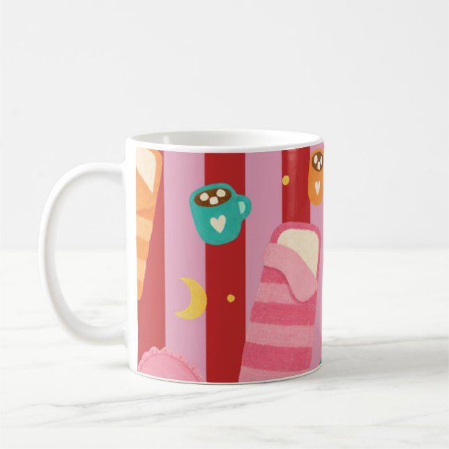 Pink and red striped mug with sleepover pattern (Left)