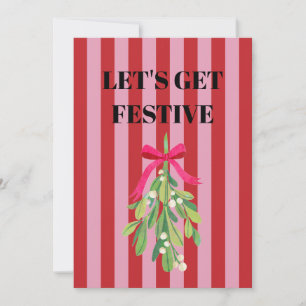 Pink and red Stripes, festive mistletoe Invitation
