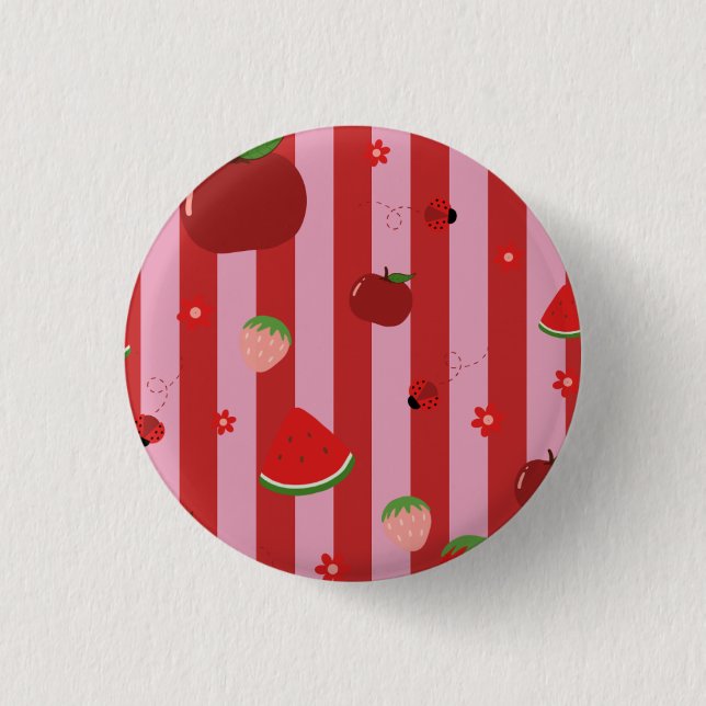 Pink and red stripes, with a fruity pattern 3 cm round badge (Front)