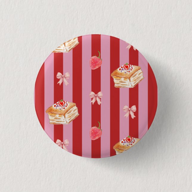 Pink and red stripes with cake pattern 3 cm round badge (Front)