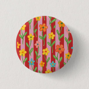 Pink and red stripes with colourful flowers 3 cm round badge