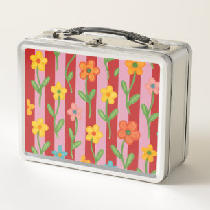 Pink and red stripes with colourful flowers metal lunch box