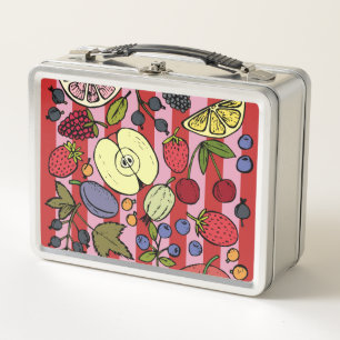 Pink and red stripes with colourful fruit metal lunch box