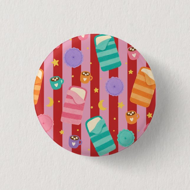 Pink and red stripes with sleepover pattern 3 cm round badge (Front)