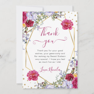 Pink and Red Summer Flowers Frame Sweet 16 Thank You Card