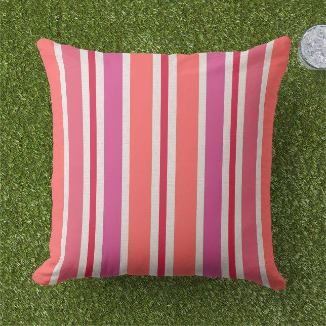 Pink and Red Summer Stripes Pattern Outdoor Cushion (Grass)