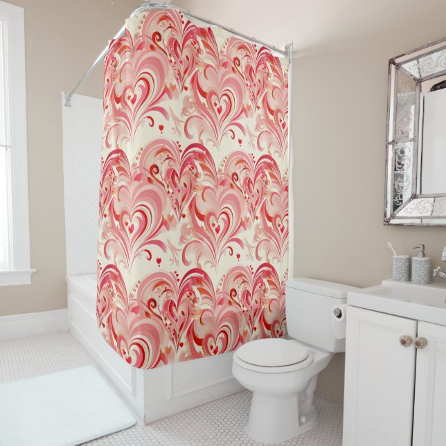 Pink and Red Swirling Heart Pattern Shower Curtain (In Situ)