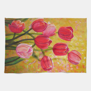 Pink and Red Tulip Arrangement   Tea Towel