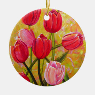 Pink and Red Tulip Bouquet  Ceramic Ornament