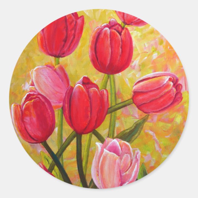 Pink and Red Tulips Painting   Classic Round Sticker (Front)